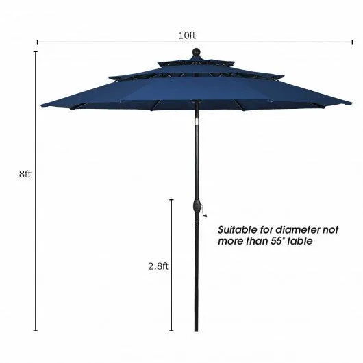 10' 3 Tier Patio Umbrella Aluminum Sunshade Shelter Double Vented-Navy