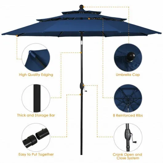 10' 3 Tier Patio Umbrella Aluminum Sunshade Shelter Double Vented-Navy