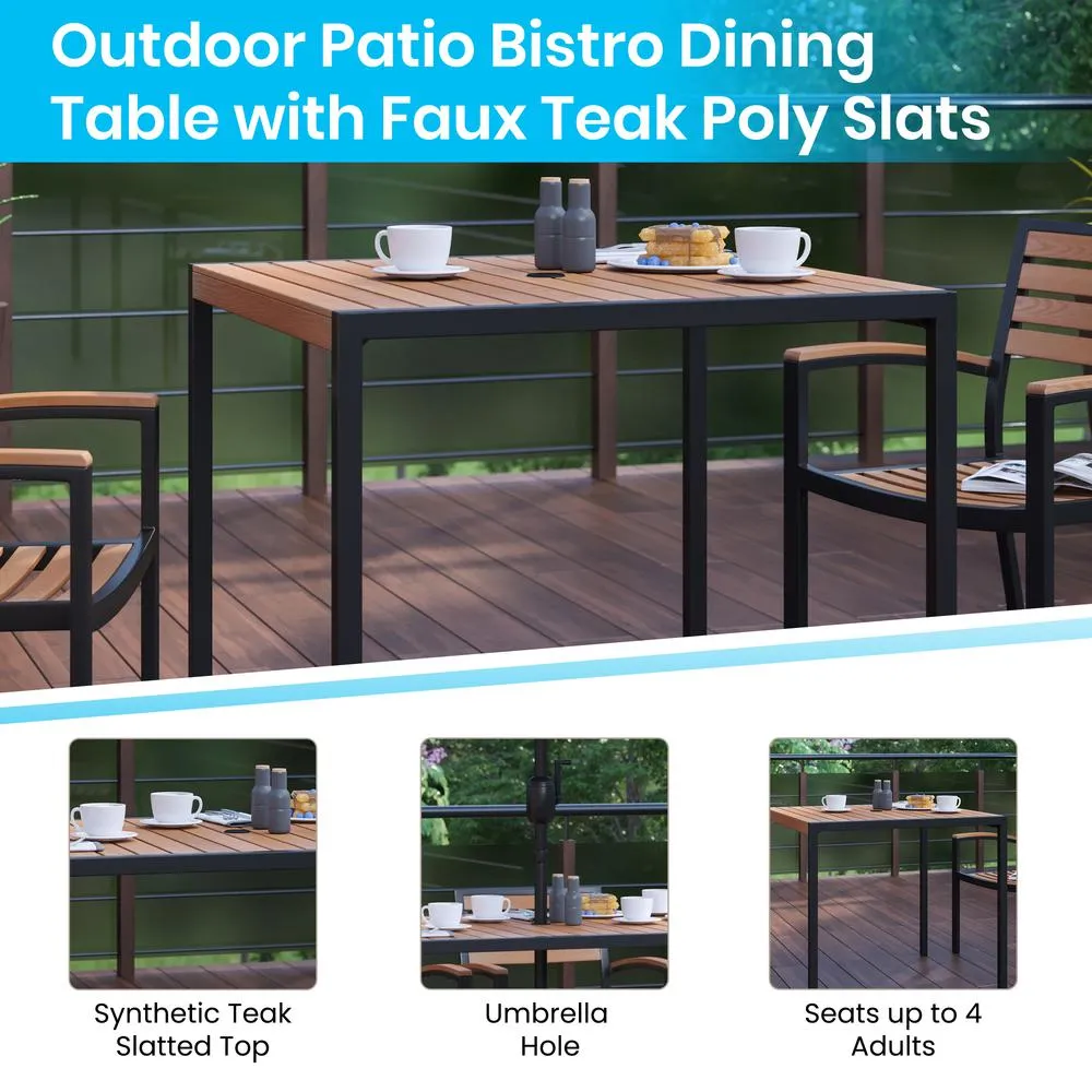 5 Piece All-Weather Deck Or Patio Set With 2 Stacking Faux Teak Chairs, 35" Square Faux Teak Table, Tan Umbrella & Base By Flash Furniture
