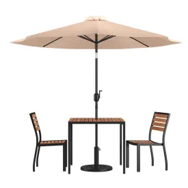 5 Piece All-Weather Deck Or Patio Set With 2 Stacking Faux Teak Chairs, 35" Square Faux Teak Table, Tan Umbrella & Base By Flash Furniture