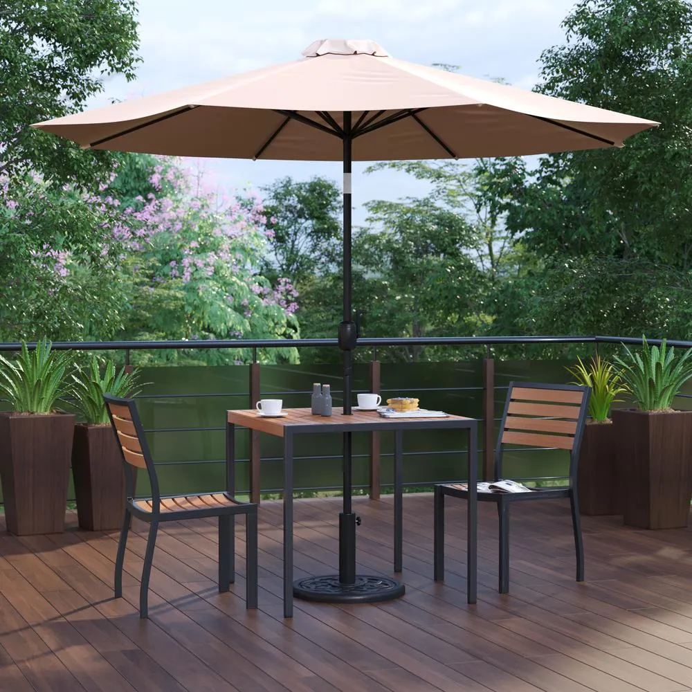 5 Piece All-Weather Deck Or Patio Set With 2 Stacking Faux Teak Chairs, 35" Square Faux Teak Table, Tan Umbrella & Base By Flash Furniture