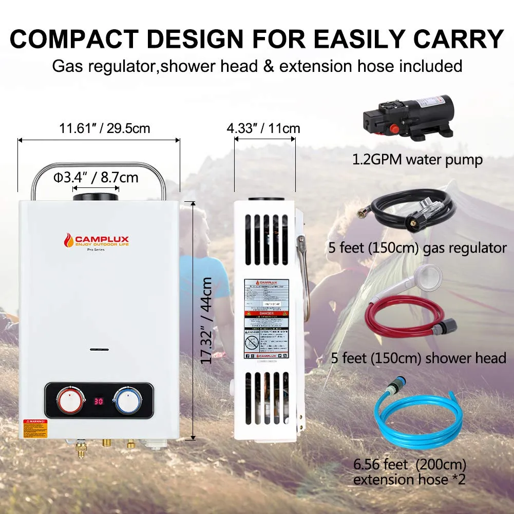 Camplux 1.58 GPM Outdoor Tankless Propane Water Heater with 1.2 GPM Water Pump