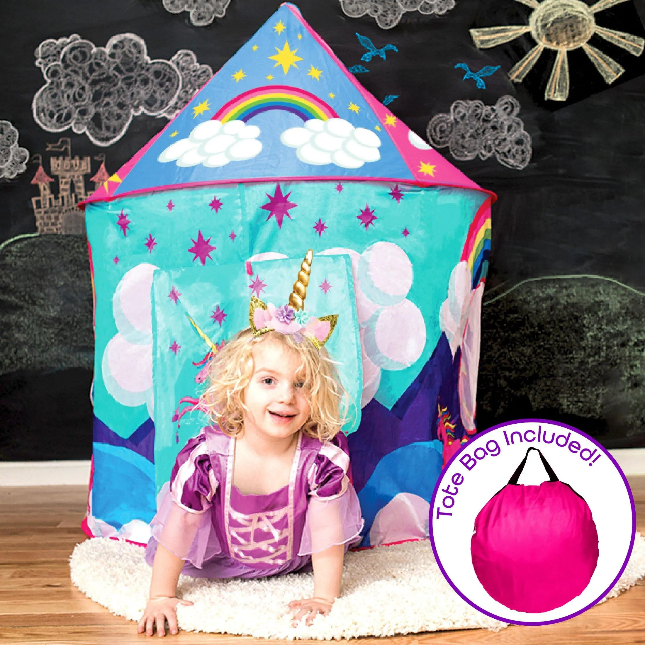 Glitzy Glamping Kit - Unicorn Play Tent, Unicorn Headbands, Jelly Rings and Princess Party Favors
