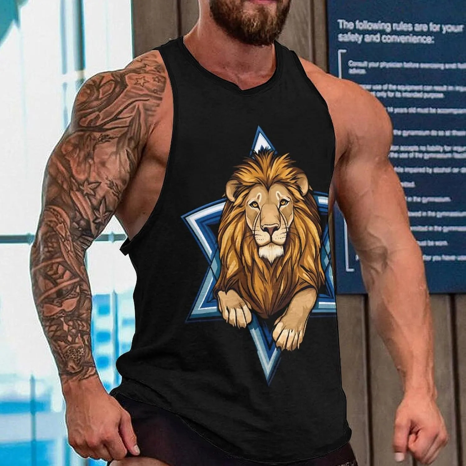 Jewish Israel Lion Men's Tank Top Quick Dry Workout Gym T Shirt Fitness Undershirt Tee Top