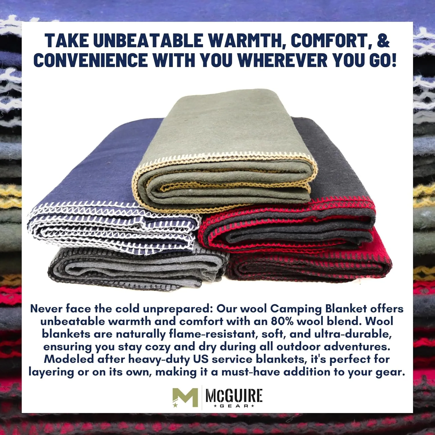 M MCGUIRE GEAR Wool Military Camping, Survival, and First Aid Blanket, 64" x 90" (Grey)