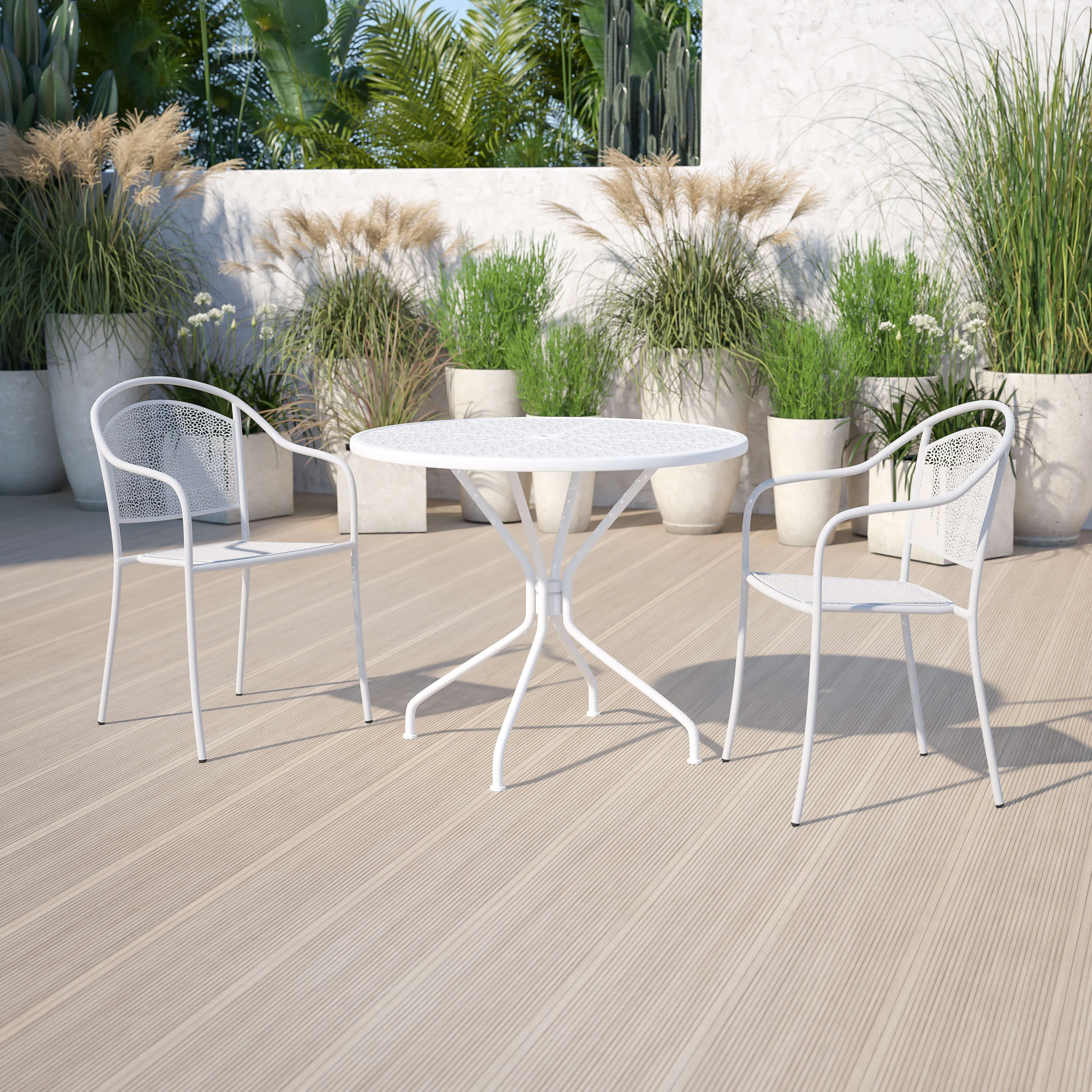 Oia Commercial Grade 35.25" Round Indoor-Outdoor Steel Patio Table with Umbrella Hole