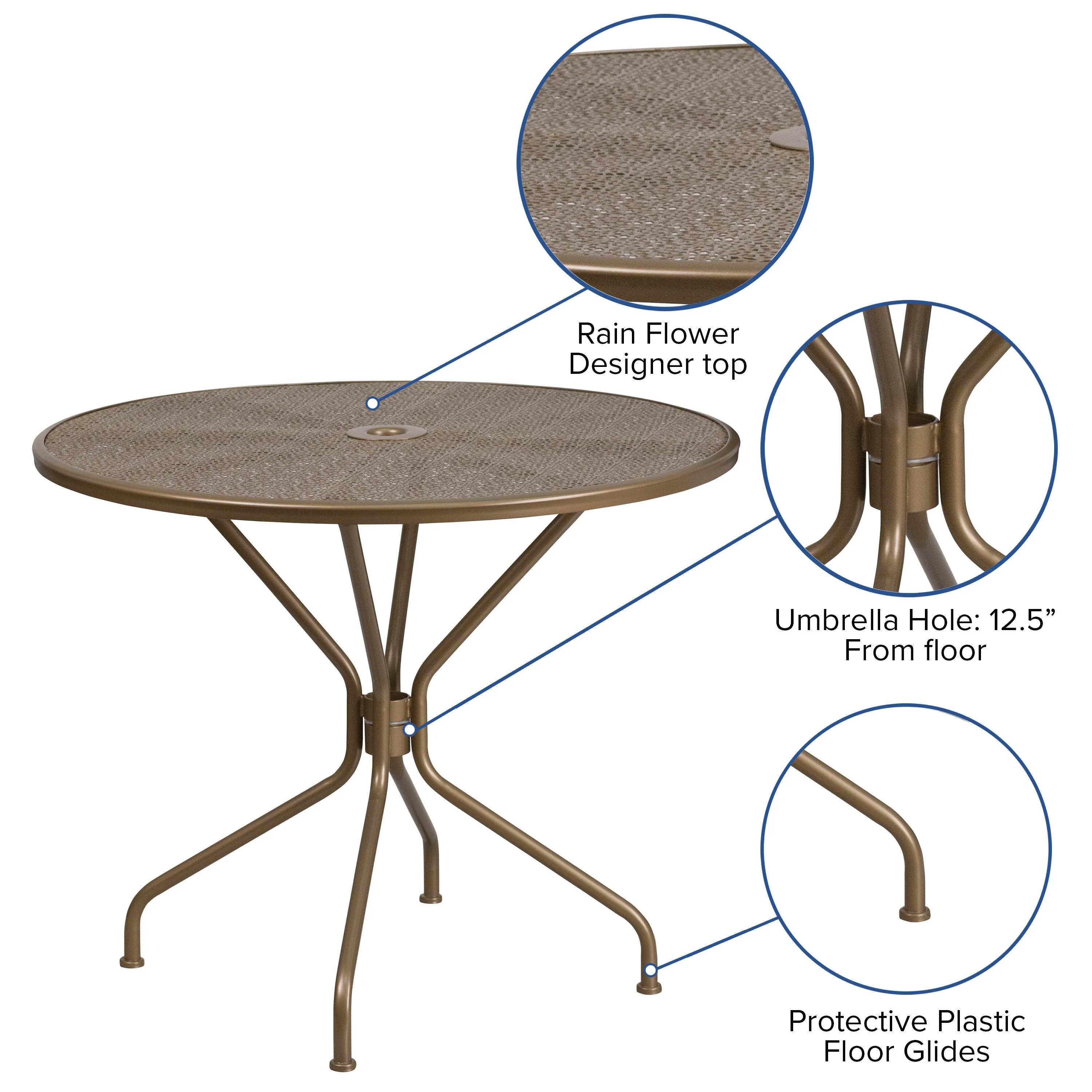 Oia Commercial Grade 35.25" Round Indoor-Outdoor Steel Patio Table with Umbrella Hole