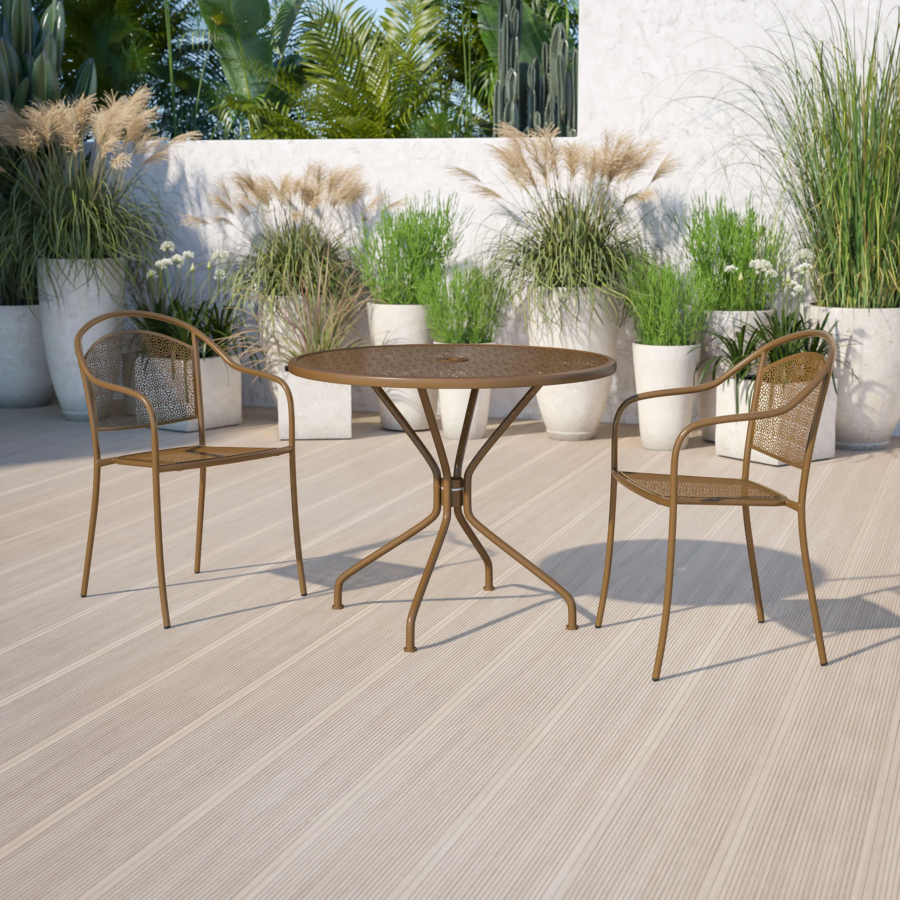 Oia Commercial Grade 35.25" Round Indoor-Outdoor Steel Patio Table with Umbrella Hole