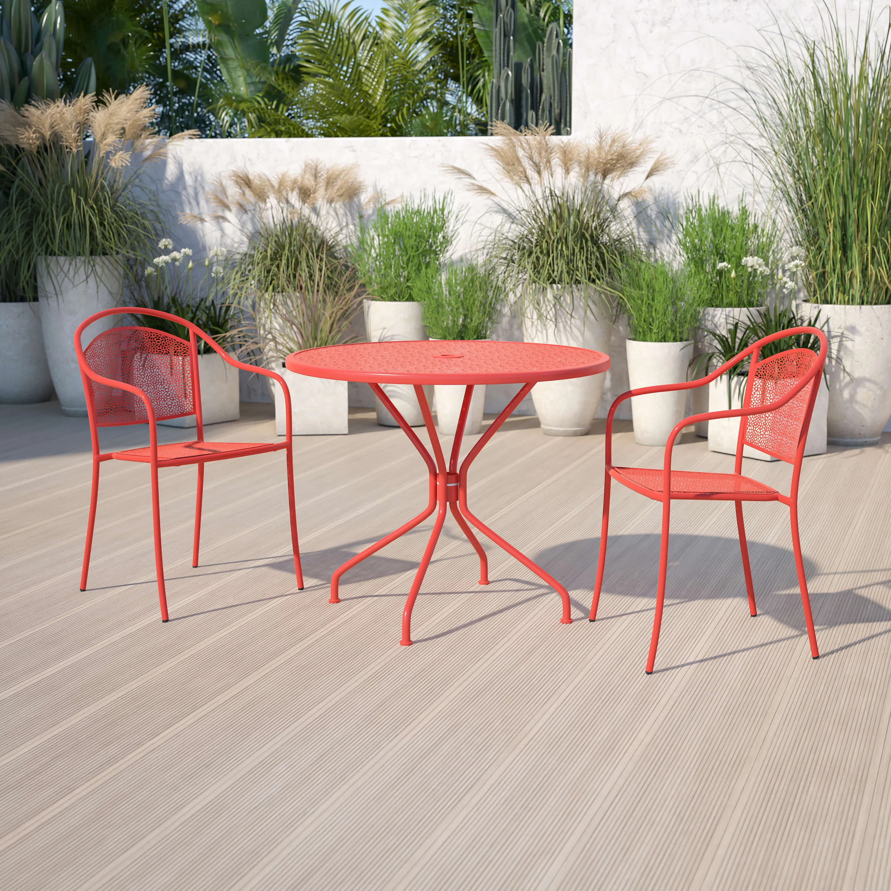 Oia Commercial Grade 35.25" Round Indoor-Outdoor Steel Patio Table with Umbrella Hole