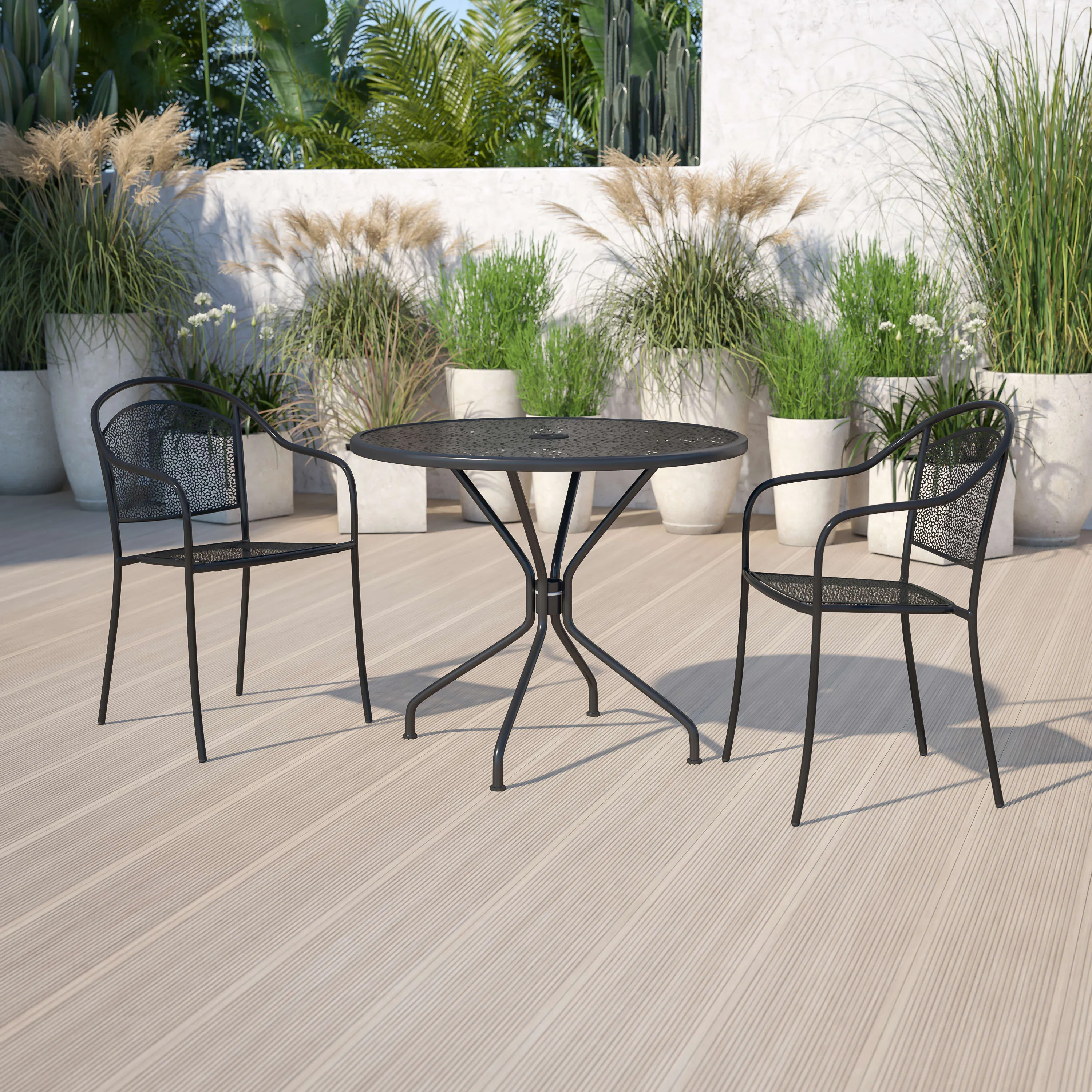 Oia Commercial Grade 35.25" Round Indoor-Outdoor Steel Patio Table with Umbrella Hole