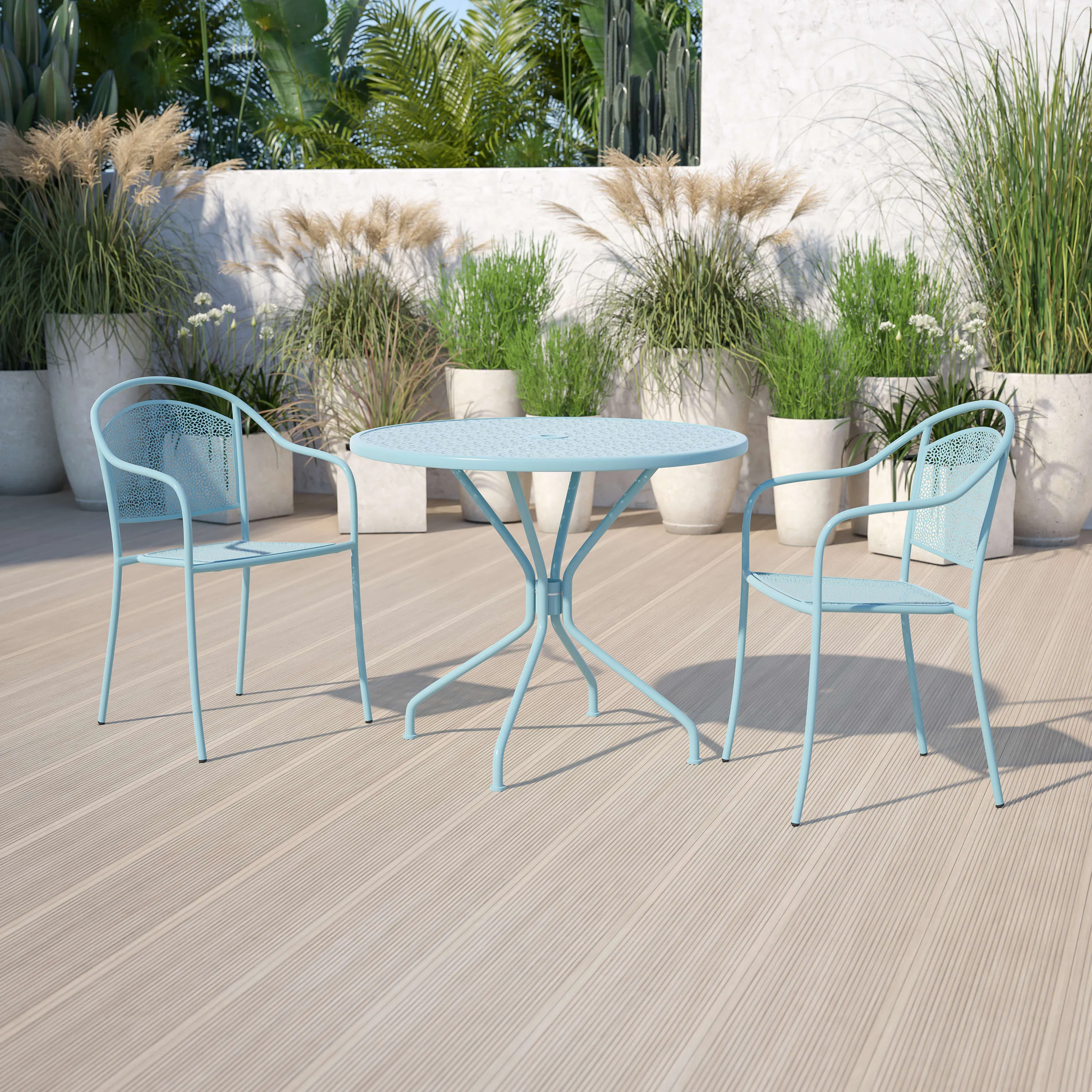 Oia Commercial Grade 35.25" Round Indoor-Outdoor Steel Patio Table with Umbrella Hole