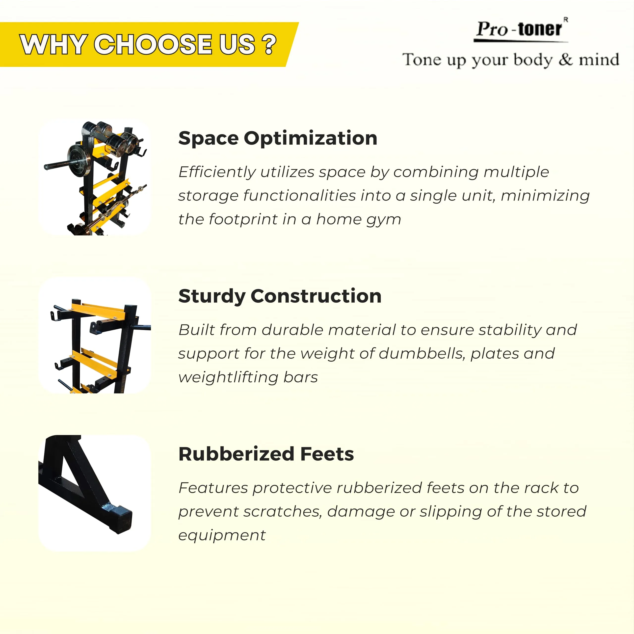 Protoner 3 in 1 Dumbbell Rack, Plate Stand and bar Holder (Black and Yellow)