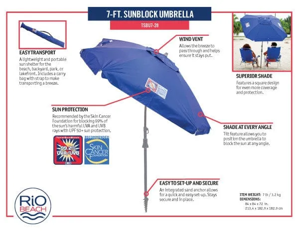 RIO | 7' Total Sun Block Umbrella With Sand Anchor - Blue