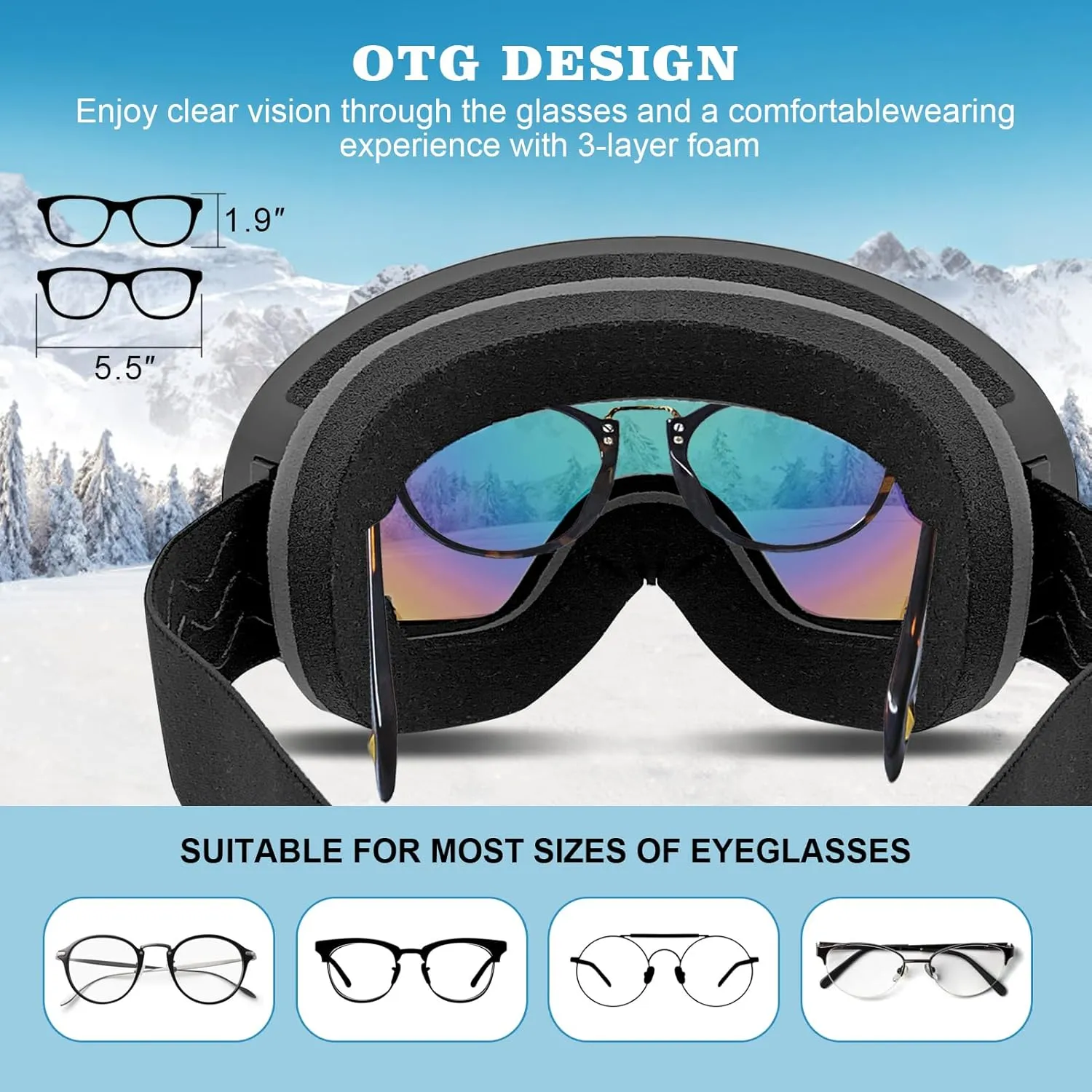 Ski Goggles OTG Over Glasses Snow Sports Goggles Snow Snowboard Goggles Anti Fog UV Protection Anti Bendable Dual-Lenses