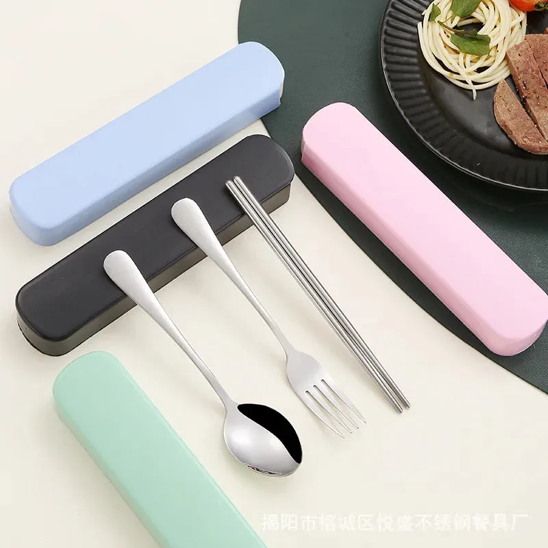 Yeknu 3Pcs/Set Stainless Steel Portable Tableware Set - Durable and Collectible Fork, Spoon, Chopsticks with Box Perfect for Outdoor